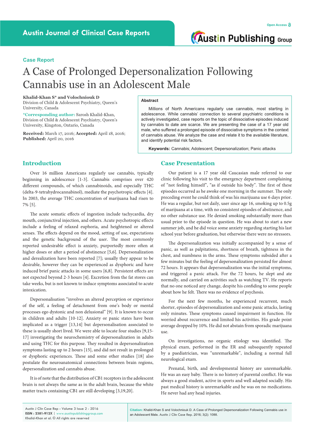 A Case of Prolonged Depersonalization Following Cannabis Use in an Adolescent Male