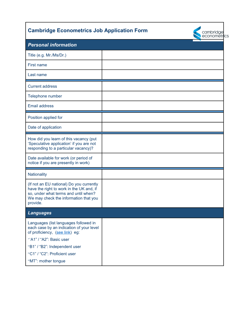 CE Job Application Form