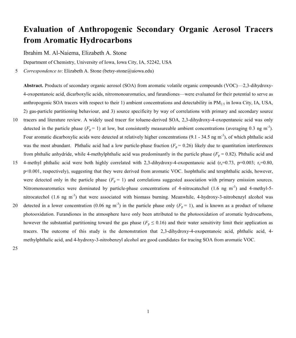 Evaluation of Anthropogenic Secondary Organic Aerosol Tracers from Aromatic Hydrocarbons Ibrahim M