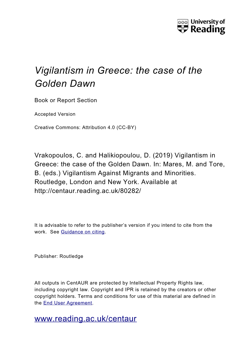 Vigilantism in Greece: the Case of the Golden Dawn