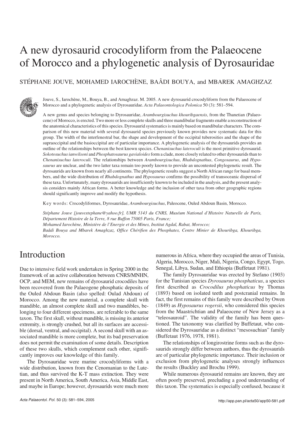 A New Dyrosaurid Crocodyliform from the Palaeocene of Morocco and a Phylogenetic Analysis of Dyrosauridae