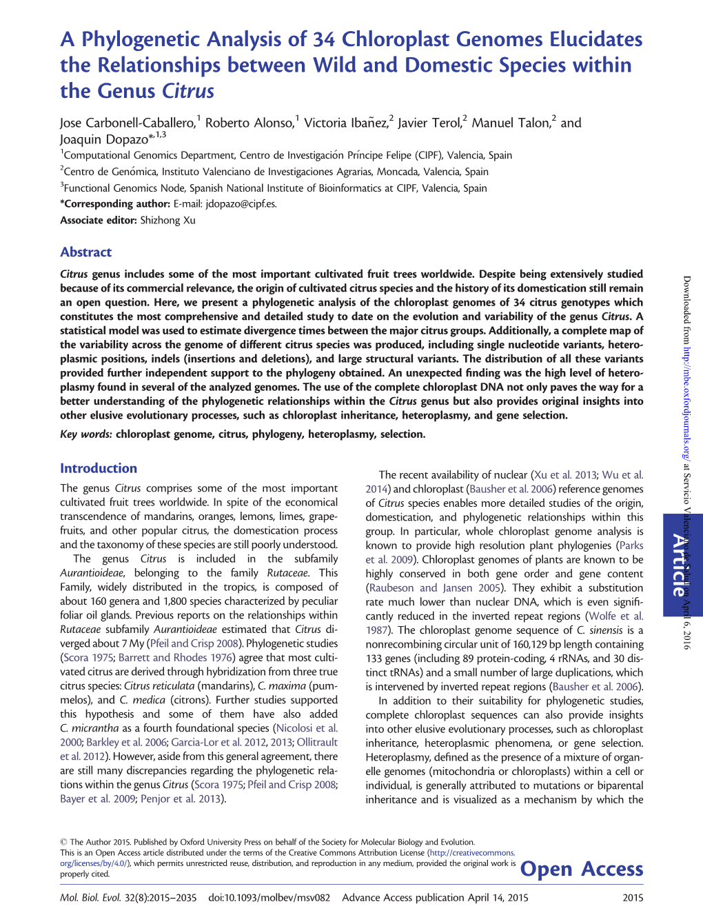 Article a Phylogenetic Analysis of 34 Chloroplast Genomes Elucidates