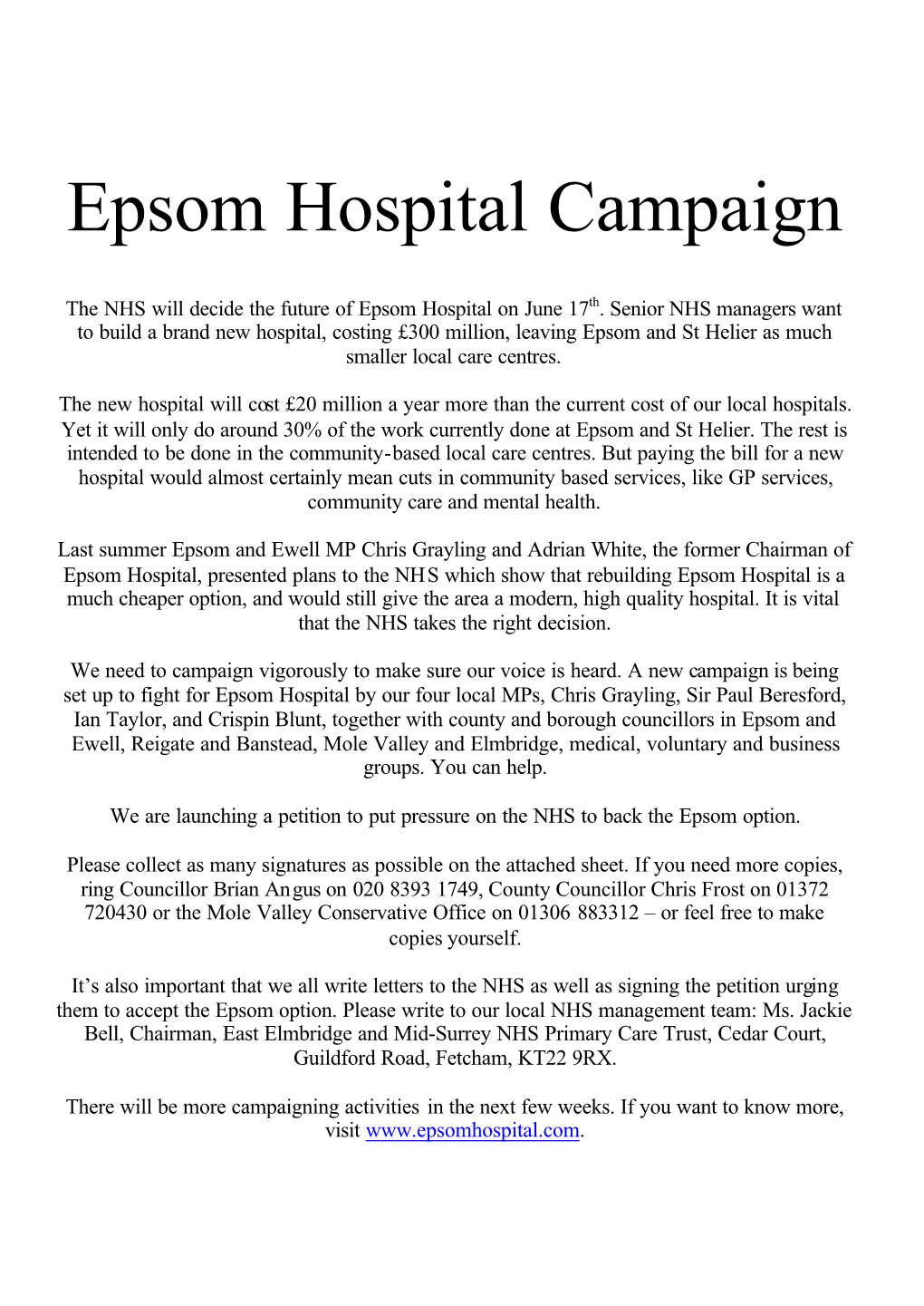 Epsom Hospital Campaign