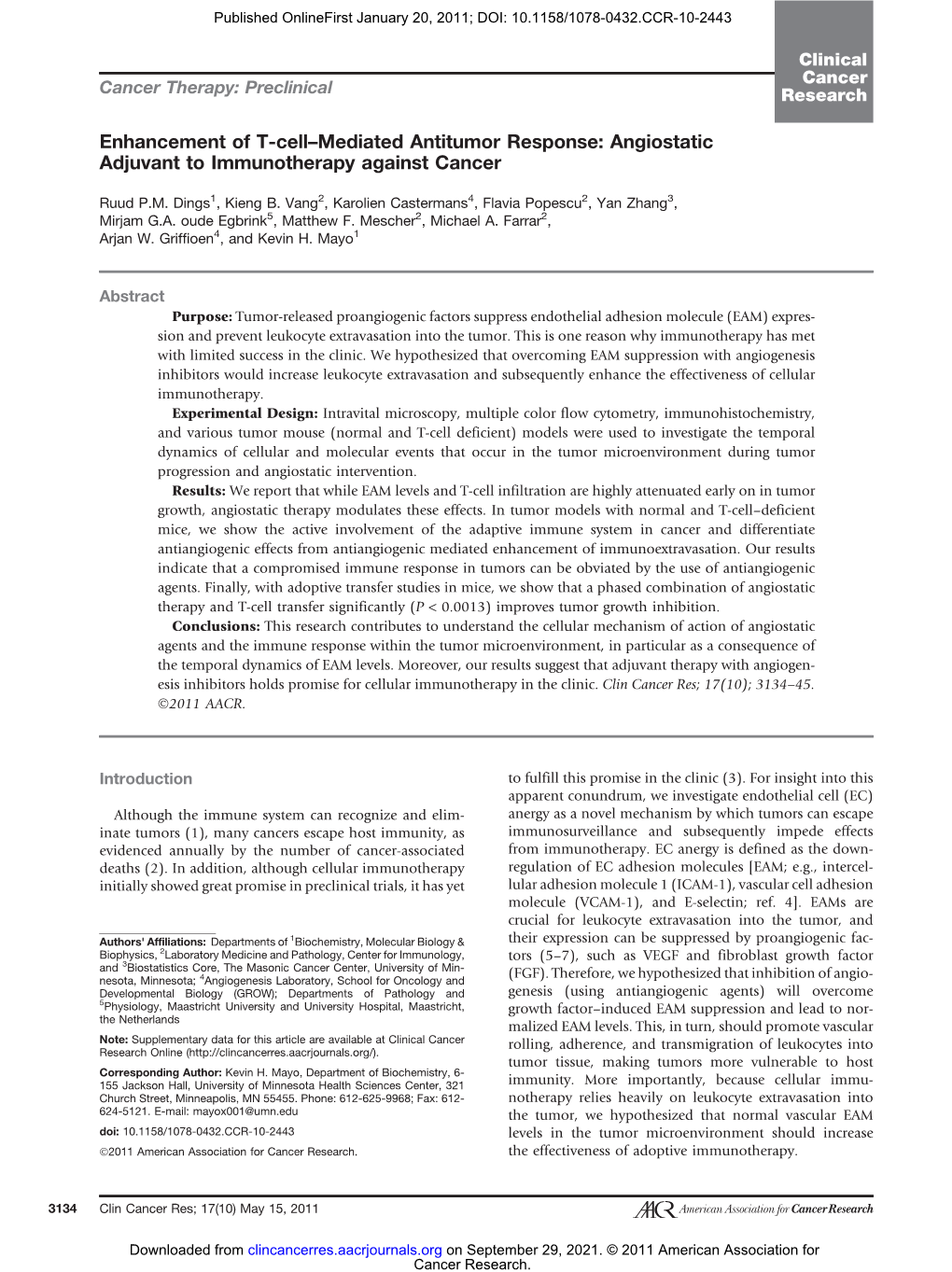 Enhancement of T-Cell–Mediated Antitumor Response: Angiostatic Adjuvant to Immunotherapy Against Cancer