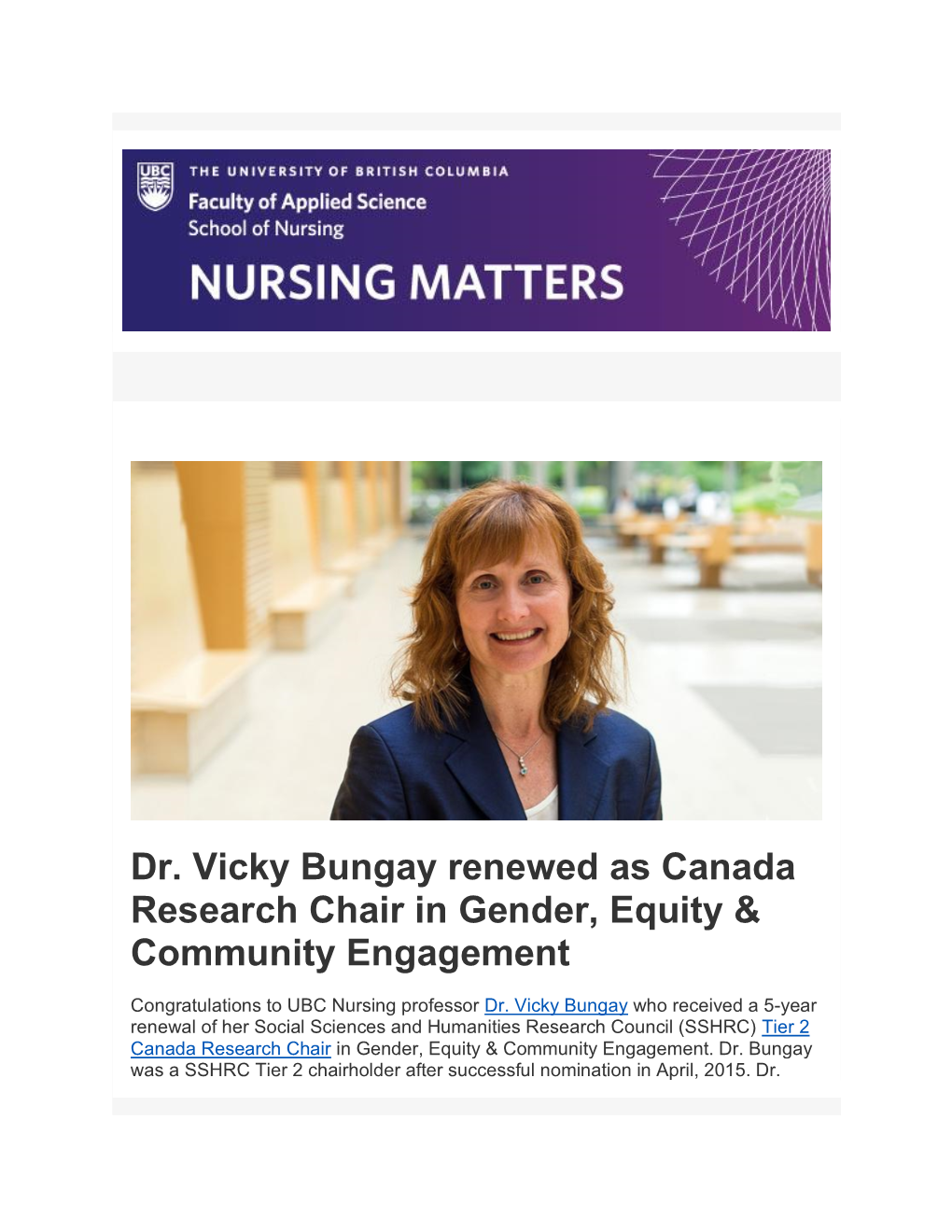 Dr. Vicky Bungay Renewed As Canada Research Chair in Gender, Equity & Community Engagement