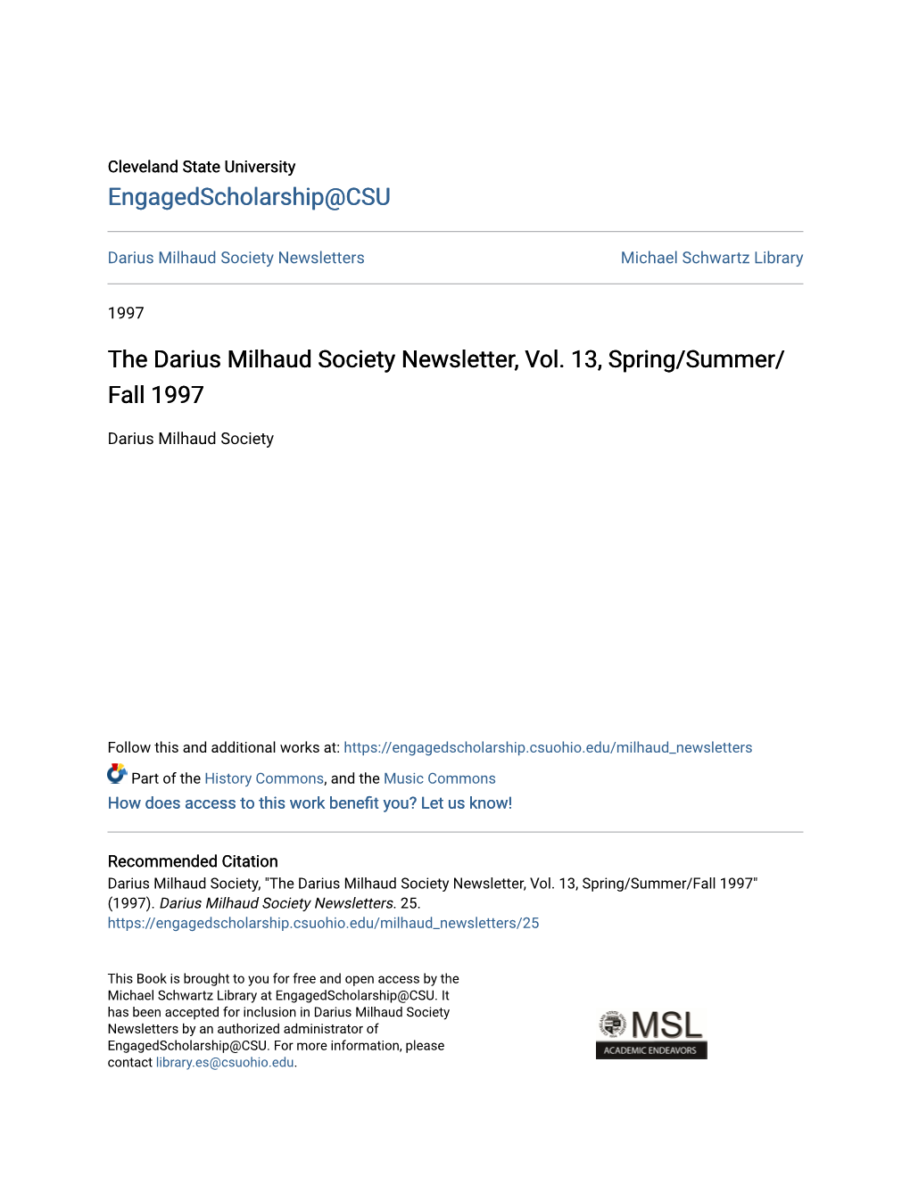 The Darius Milhaud Society Newsletter, Vol. 13, Spring/Summer/Fall 1997