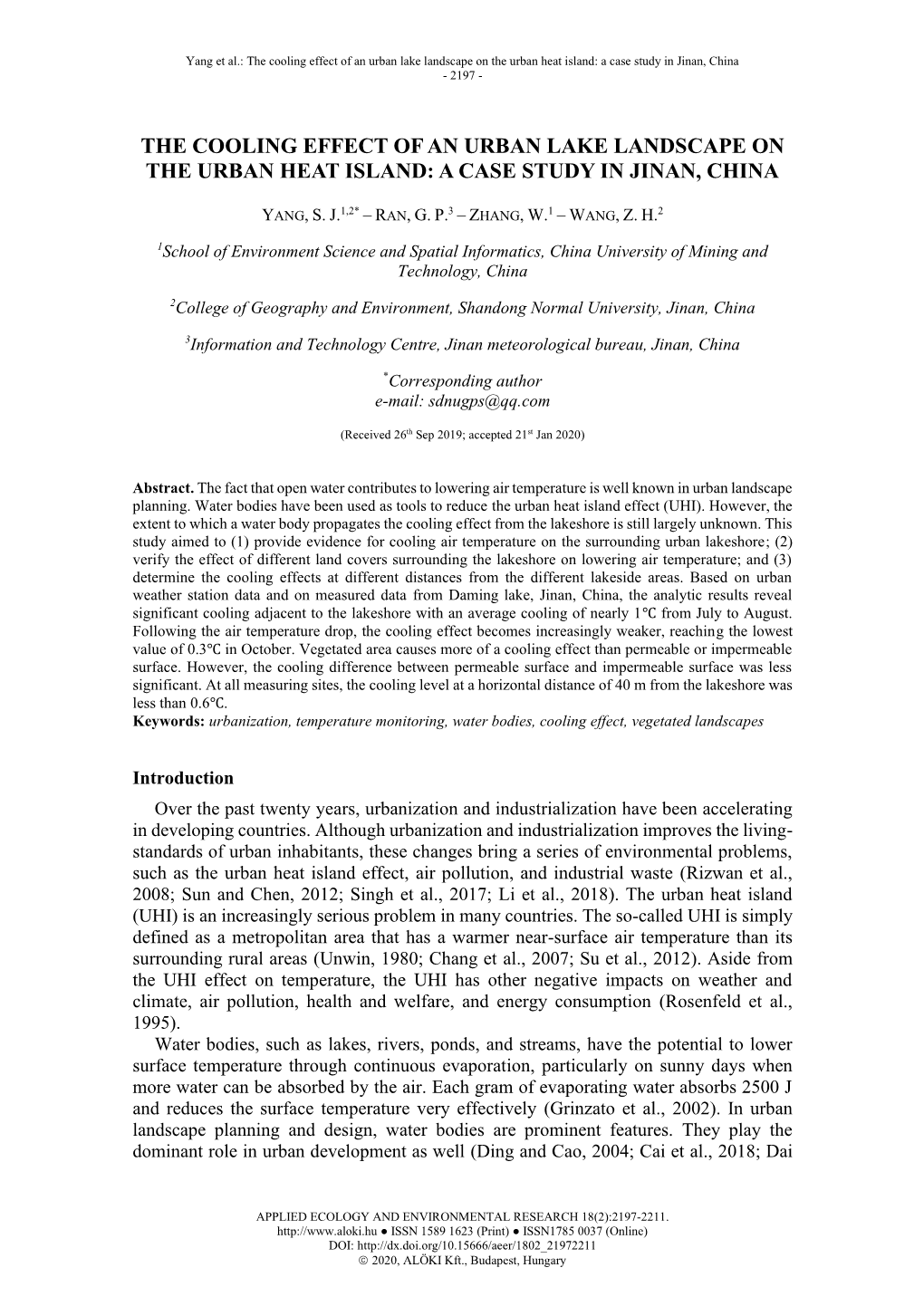 The Cooling Effect of an Urban Lake Landscape on the Urban Heat Island: a Case Study in Jinan, China - 2197