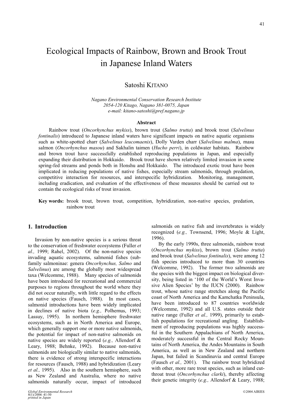 Ecological Impacts of Rainbow, Brown and Brook Trout in Japanese Inland Waters