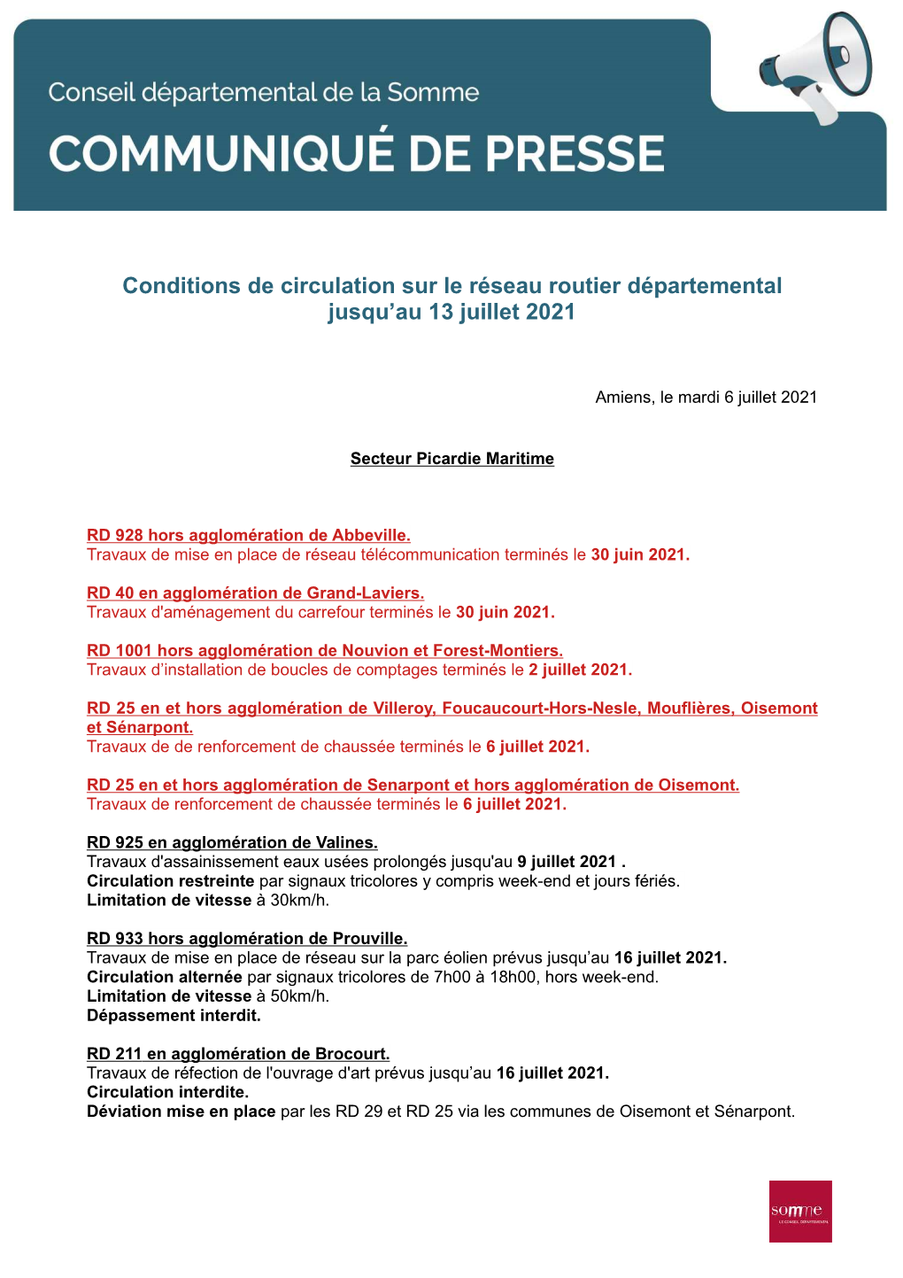 Conditions De Circulation Sur Le Réseau Routier Départemental Jusqu'au 13