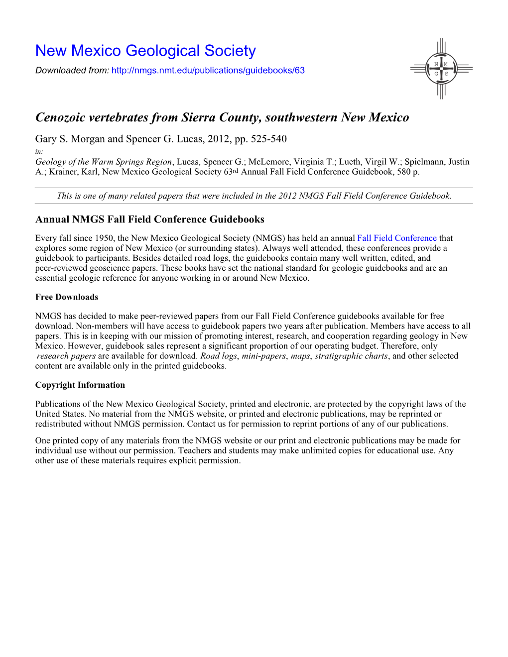 Cenozoic Vertebrates from Sierra County, Southwestern New Mexico Gary S