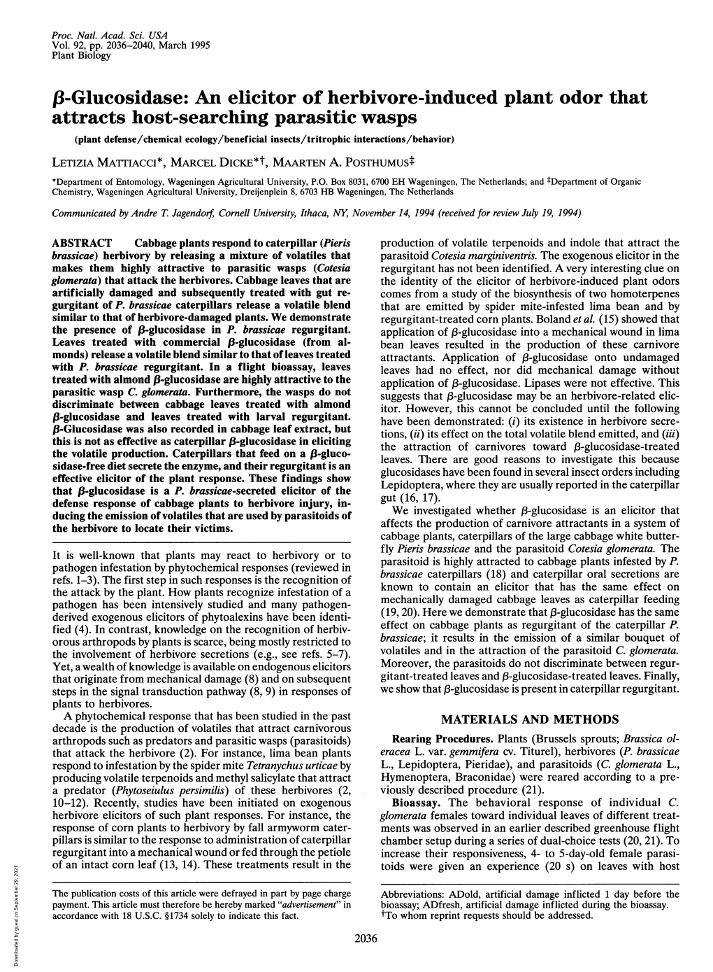 18-Glucosidase: an Elicitor of Herbivore-Induced Plant Odor That