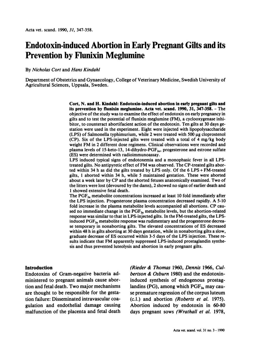 Endotoxin-Induced Abortion in Early Pregnant Gilts and Its Prevention By