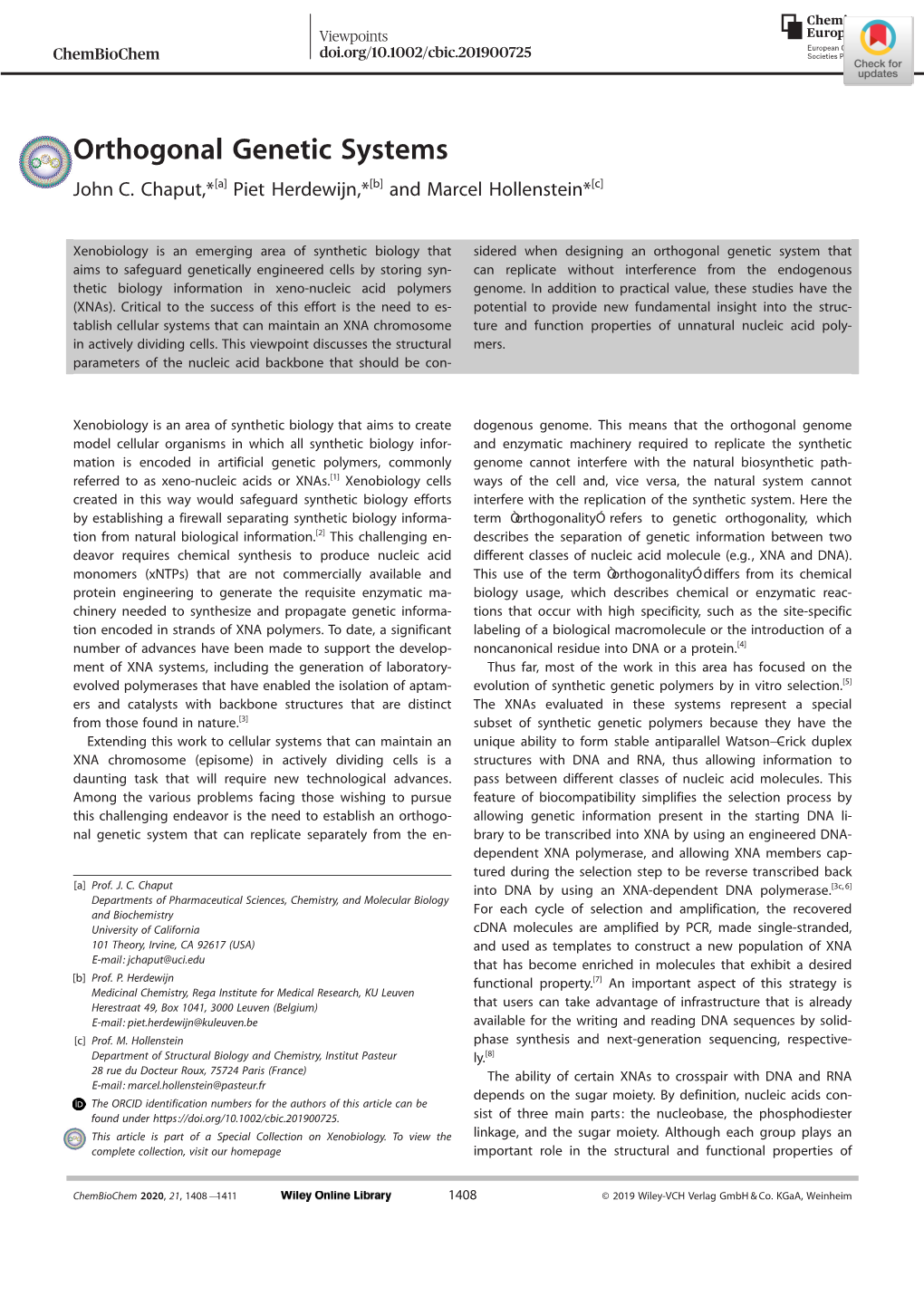 Orthogonal Genetic Systems John C