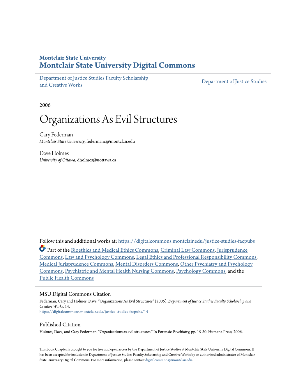 Organizations As Evil Structures Cary Federman Montclair State University, Federmanc@Montclair.Edu