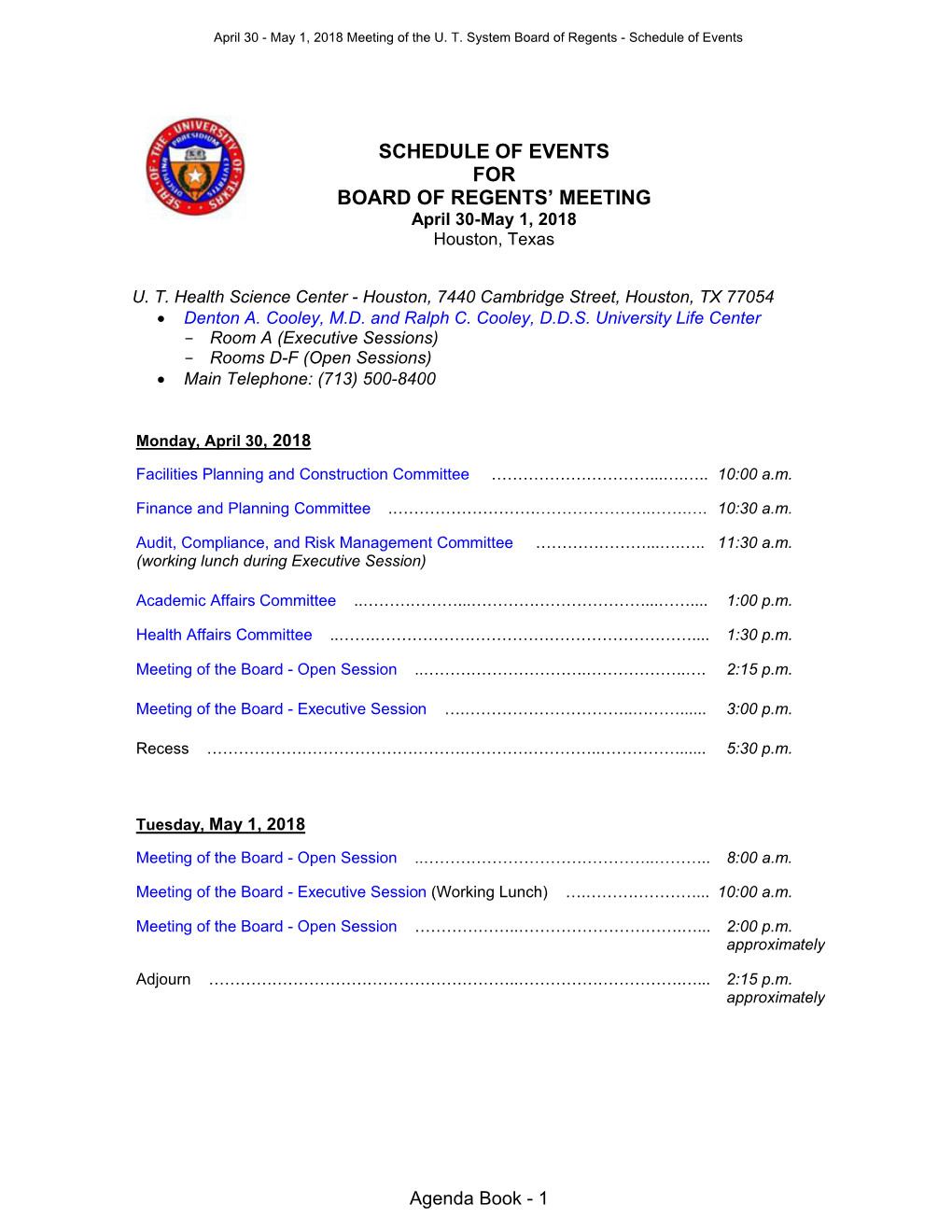 Schedule of Events for Board of Regents' Meeting