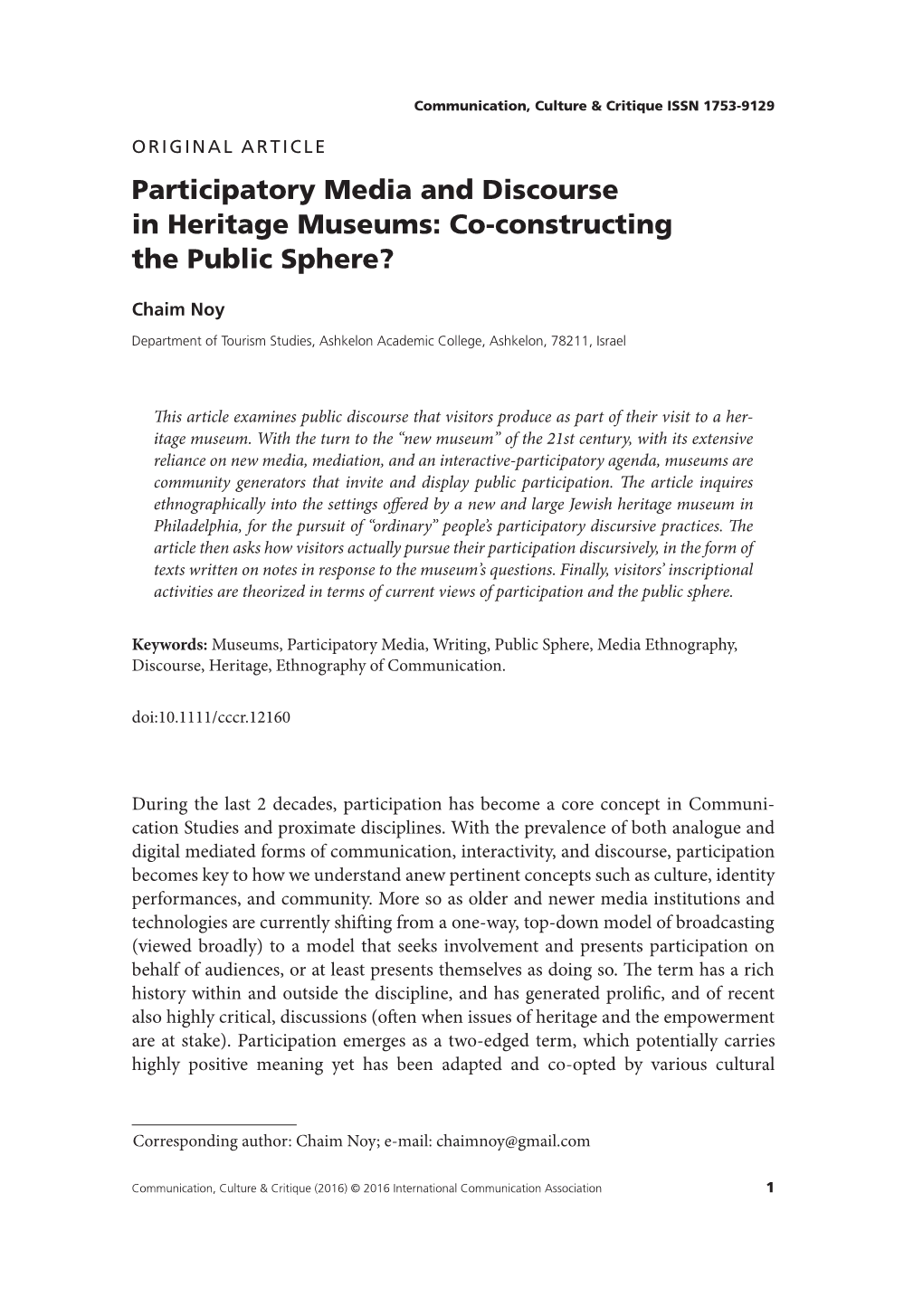 Participatory Media and Discourse in Heritage Museums: Co-Constructing the Public Sphere?