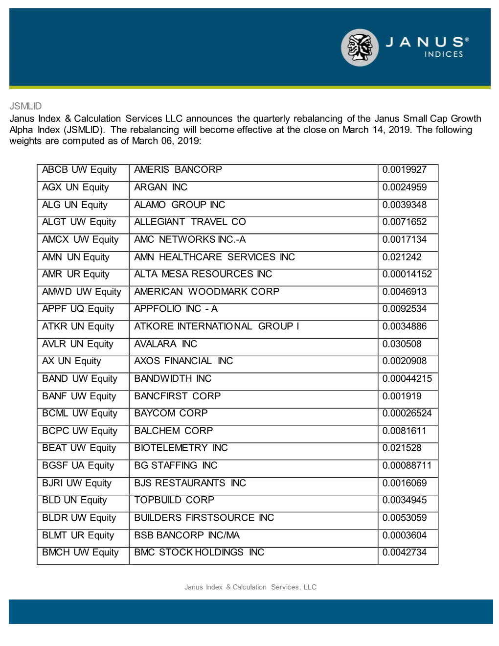 JSMLID Janus Index & Calculation Services LLC