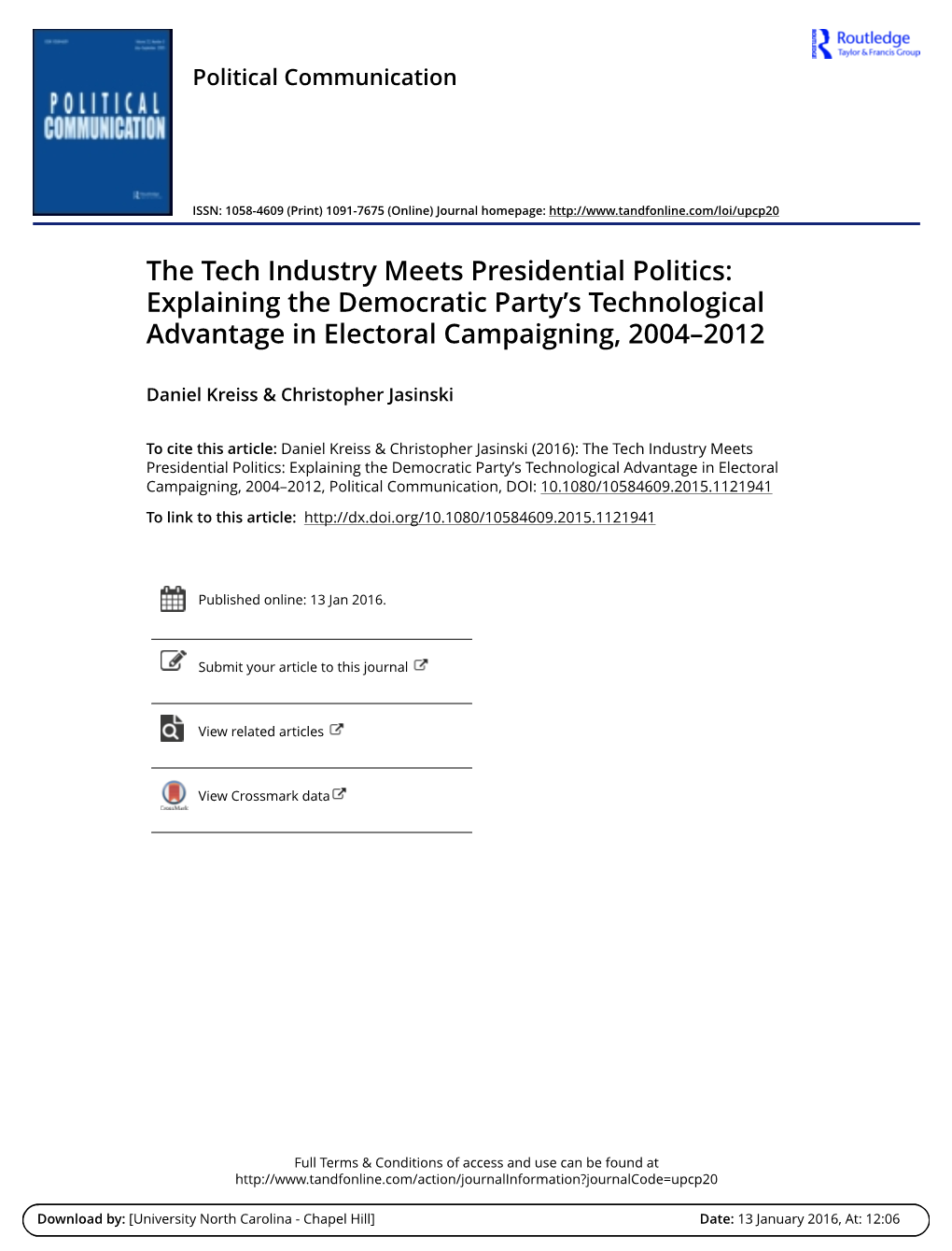 The Tech Industry Meets Presidential Politics: Explaining the Democratic Party’S Technological Advantage in Electoral Campaigning, 2004–2012