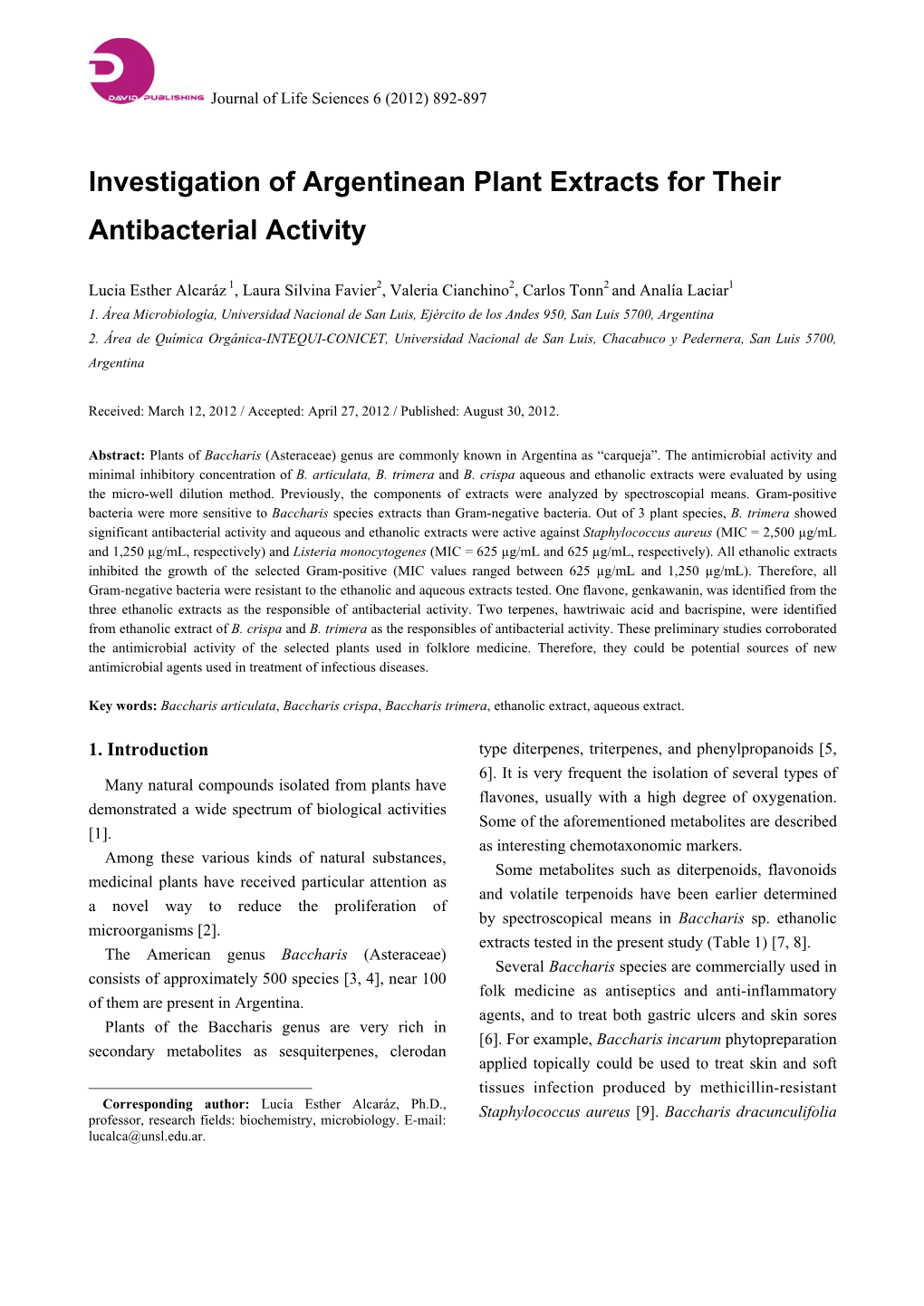 Investigation of Argentinean Plant Extracts for Their Antibacterial Activity