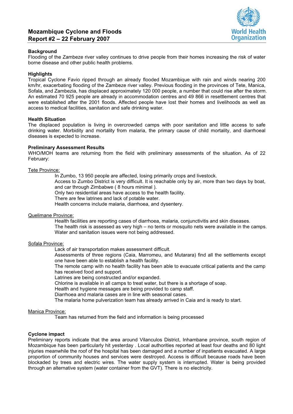 Mozambique Cyclone and Floods Report #2 – 22 February 2007