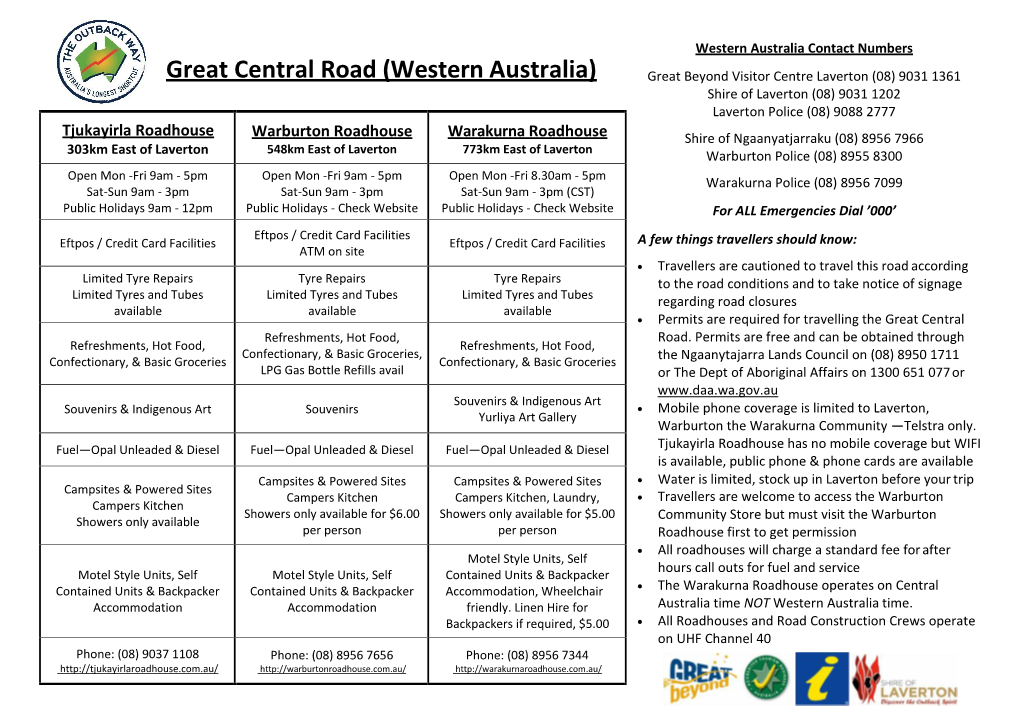 Great Central Road (Western Australia) Great Beyond Visitor Centre Laverton (08) 9031 1361 Shire of Laverton (08) 9031 1202 Laverton Police (08) 9088 2777