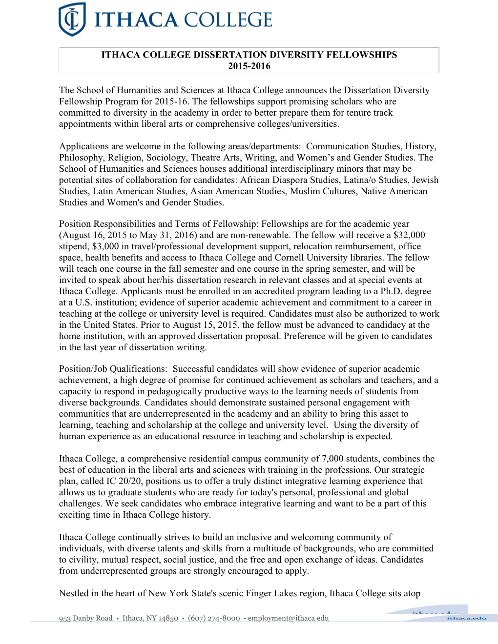 Ithaca College Dissertation Diversity Fellowships