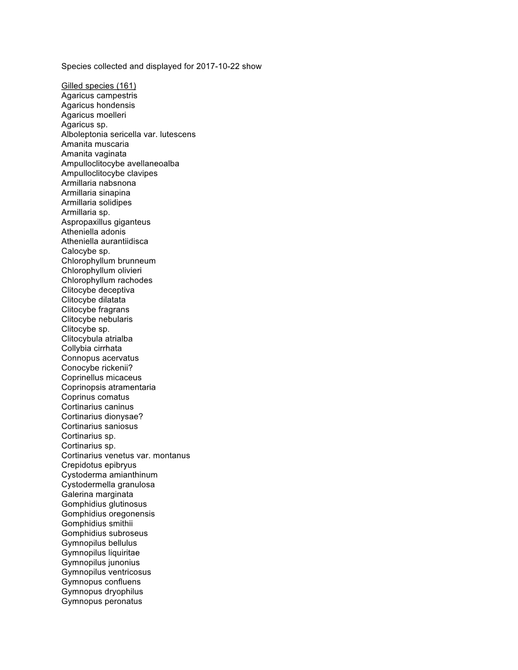 2017 Species Collected and Displayed for Show