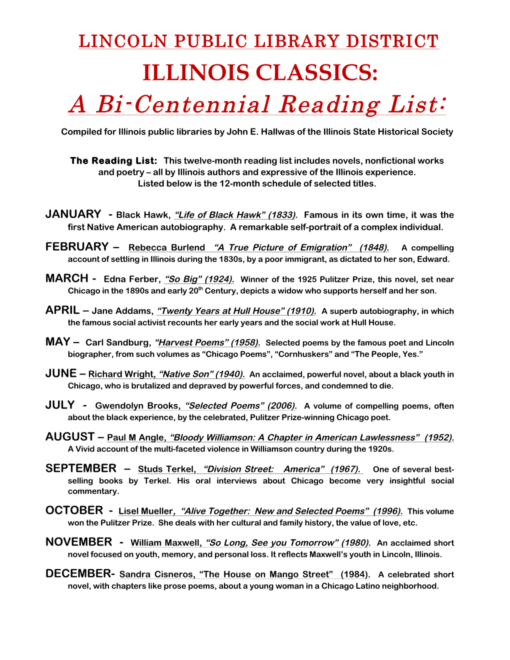 Bicentennial 2018 Illinois Classics Reading List