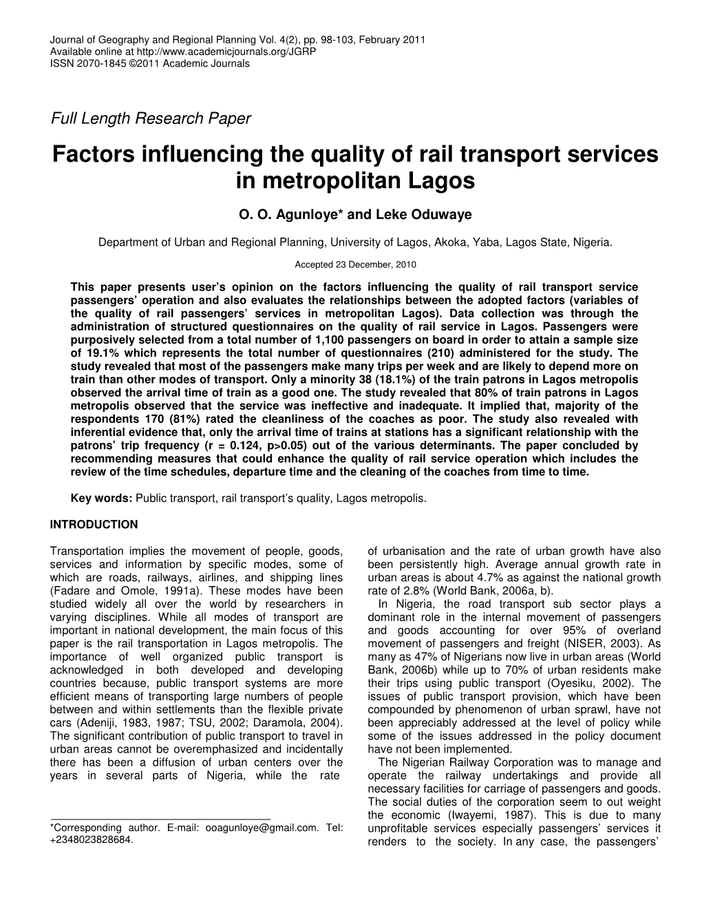 Factors Influencing the Quality of Rail Transport Services in Metropolitan Lagos
