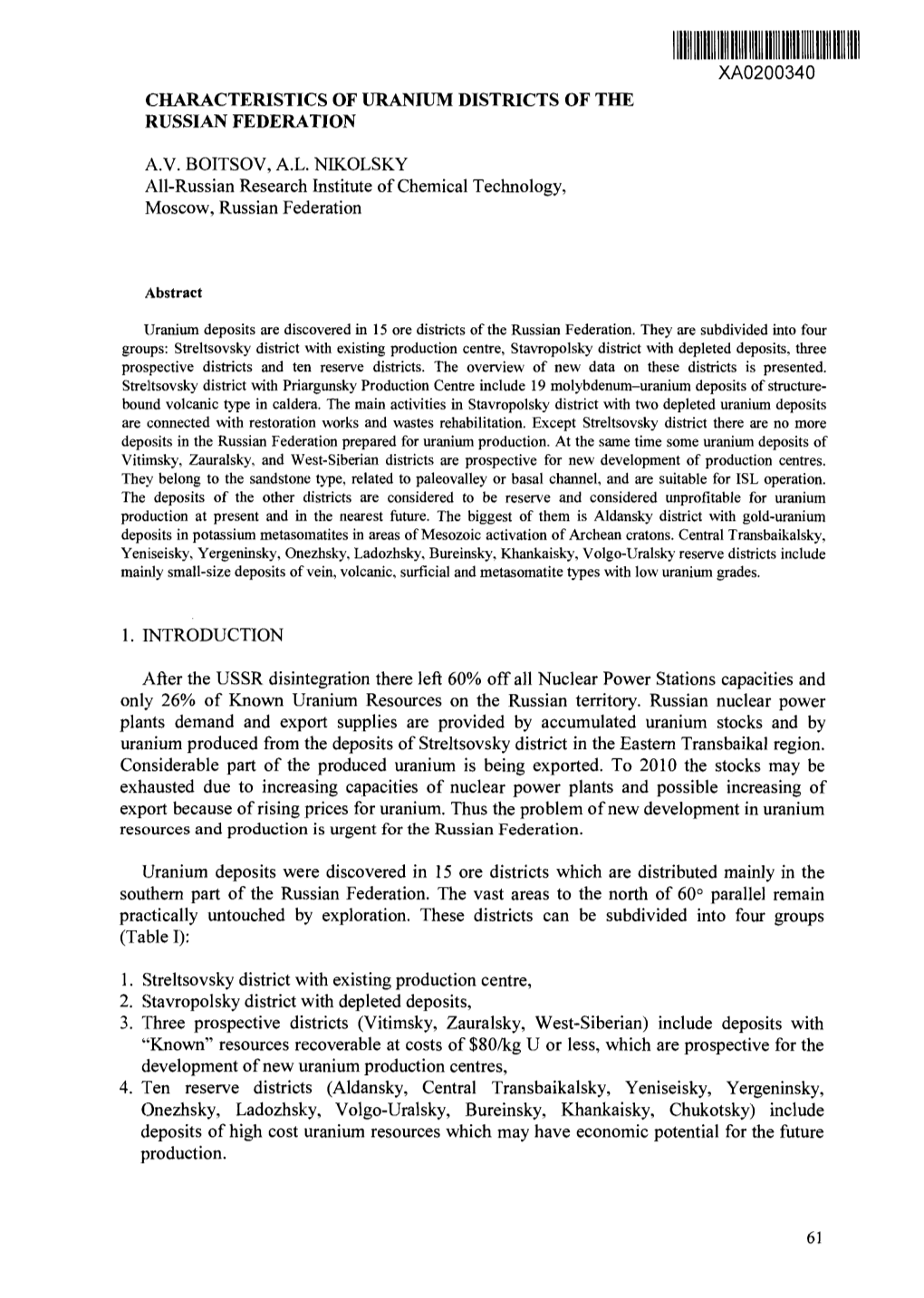 Characteristics of Uranium Districts of the Russian Federation