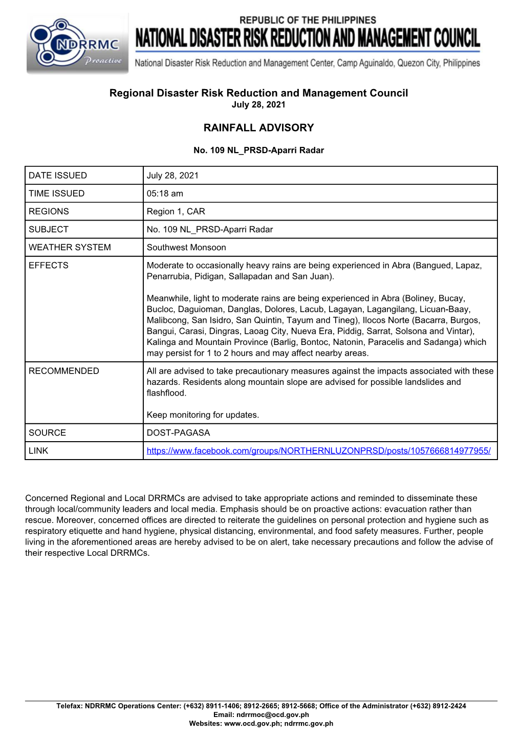 Monitoring Report Rainfall Advisory