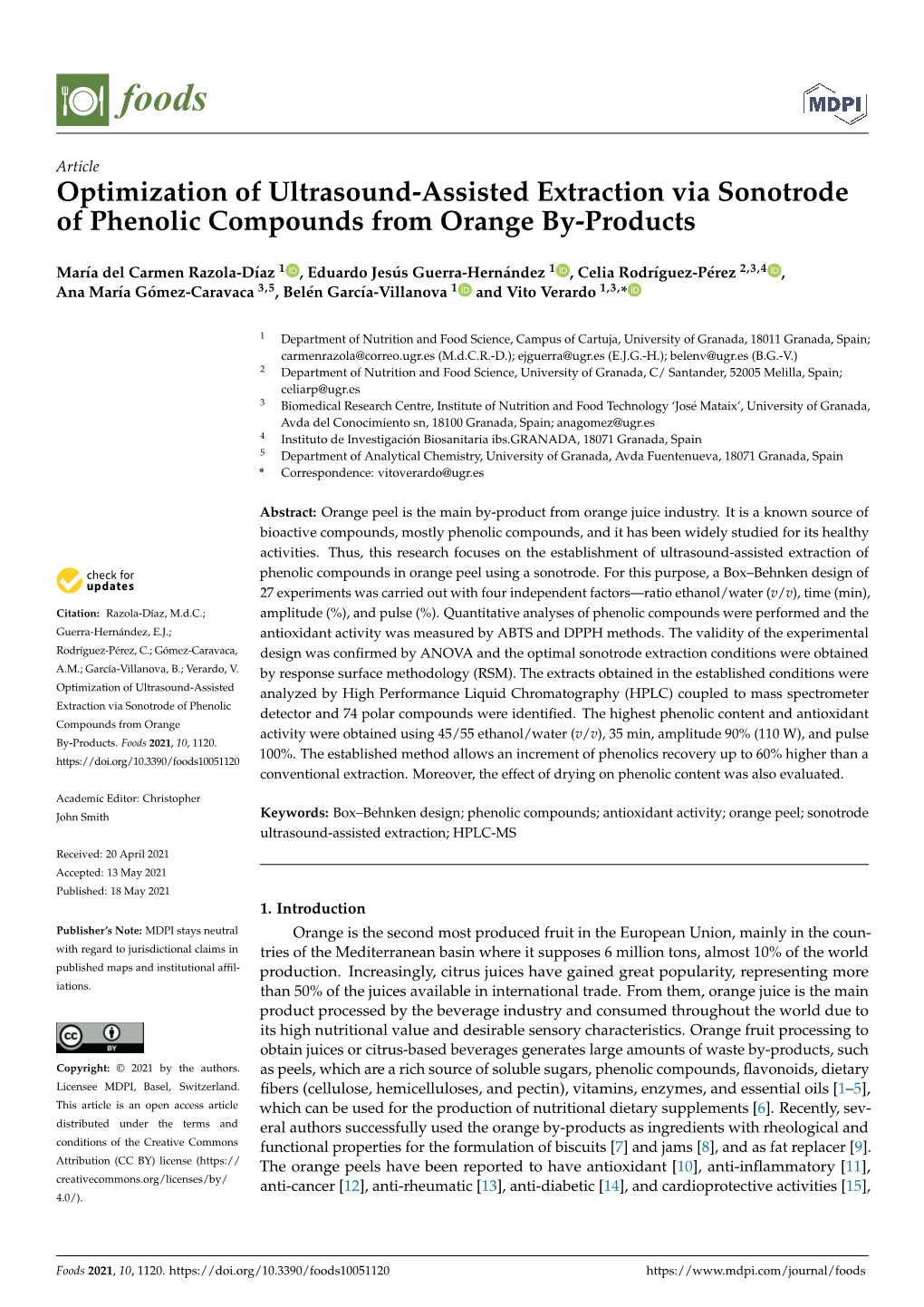 Optimization of Ultrasound-Assisted Extraction Via Sonotrode of Phenolic Compounds from Orange By-Products