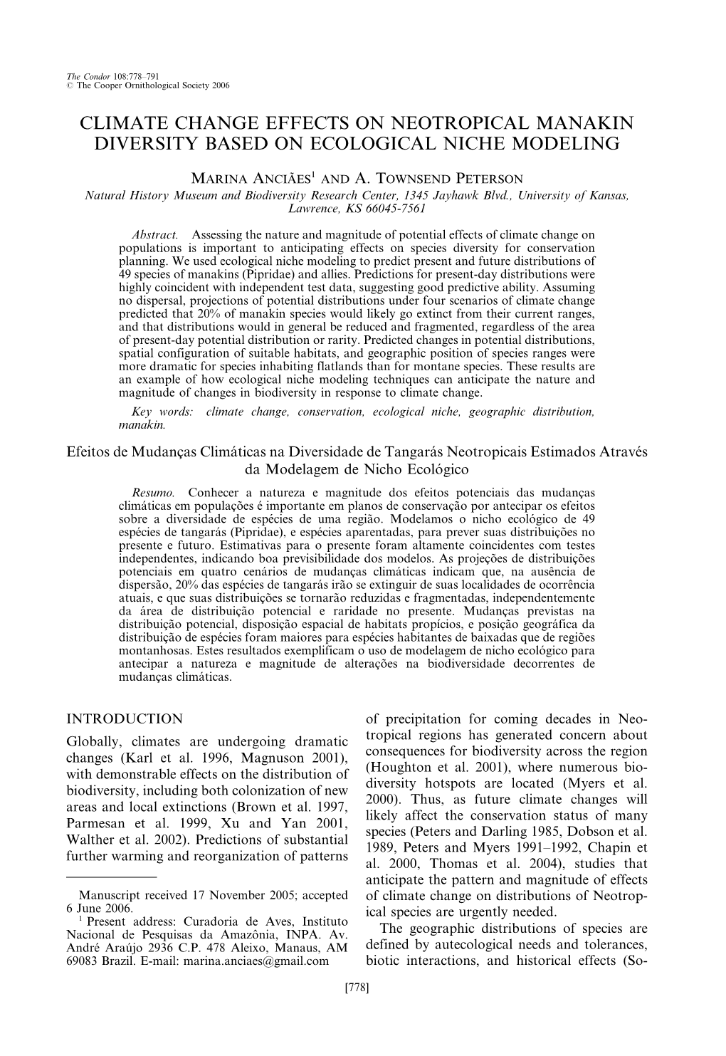 Climate Change Effects on Neotropical Manakin Diversity Based on Ecological Niche Modeling