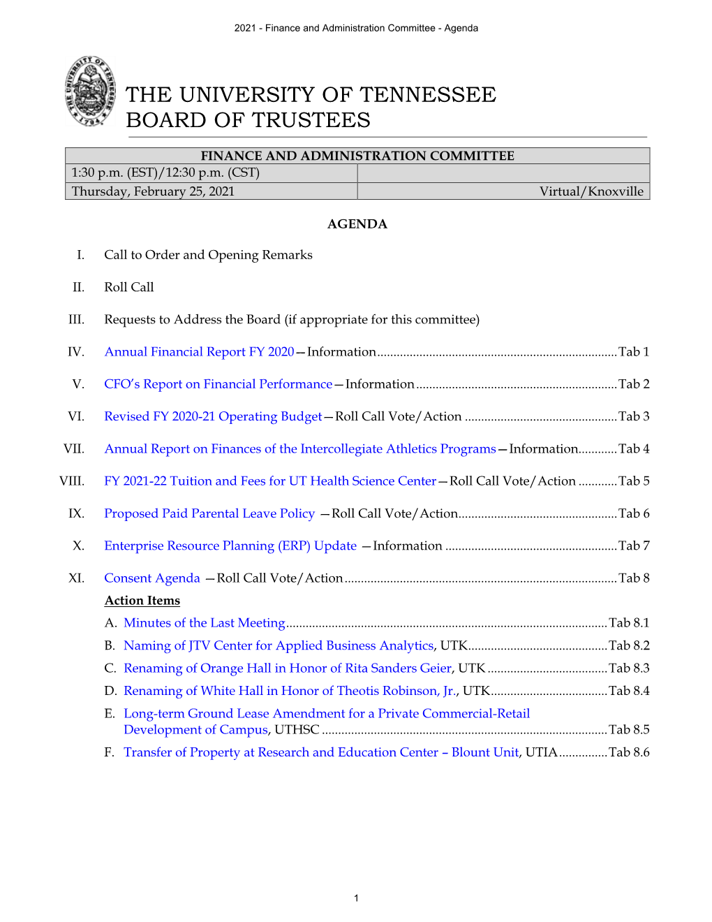 Finance and Administration Committee - Agenda