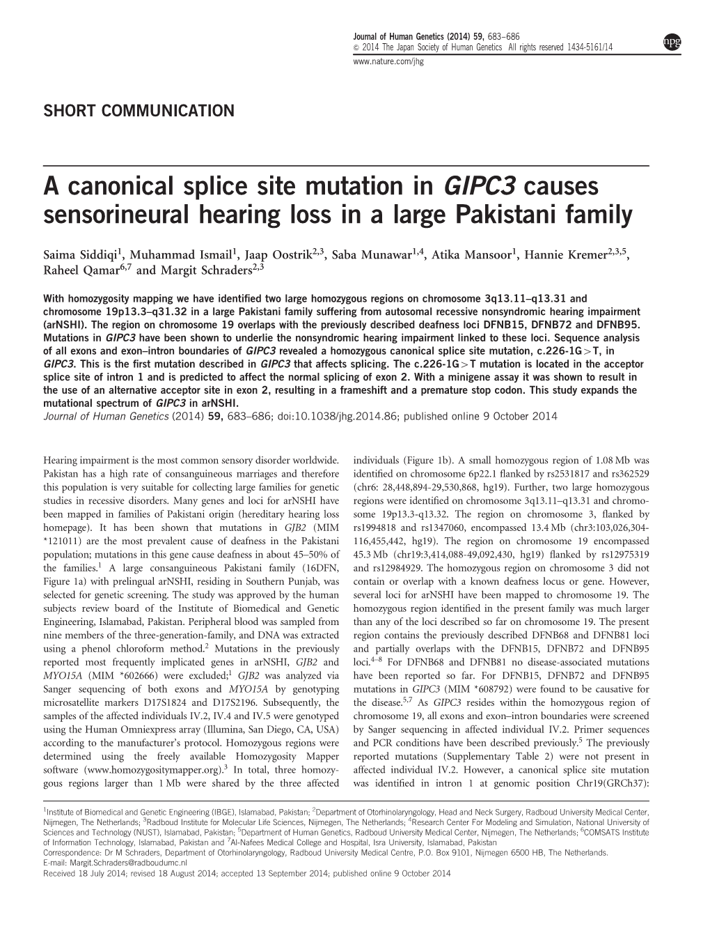 A Canonical Splice Site Mutation in GIPC3 Causes Sensorineural Hearing Loss in a Large Pakistani Family