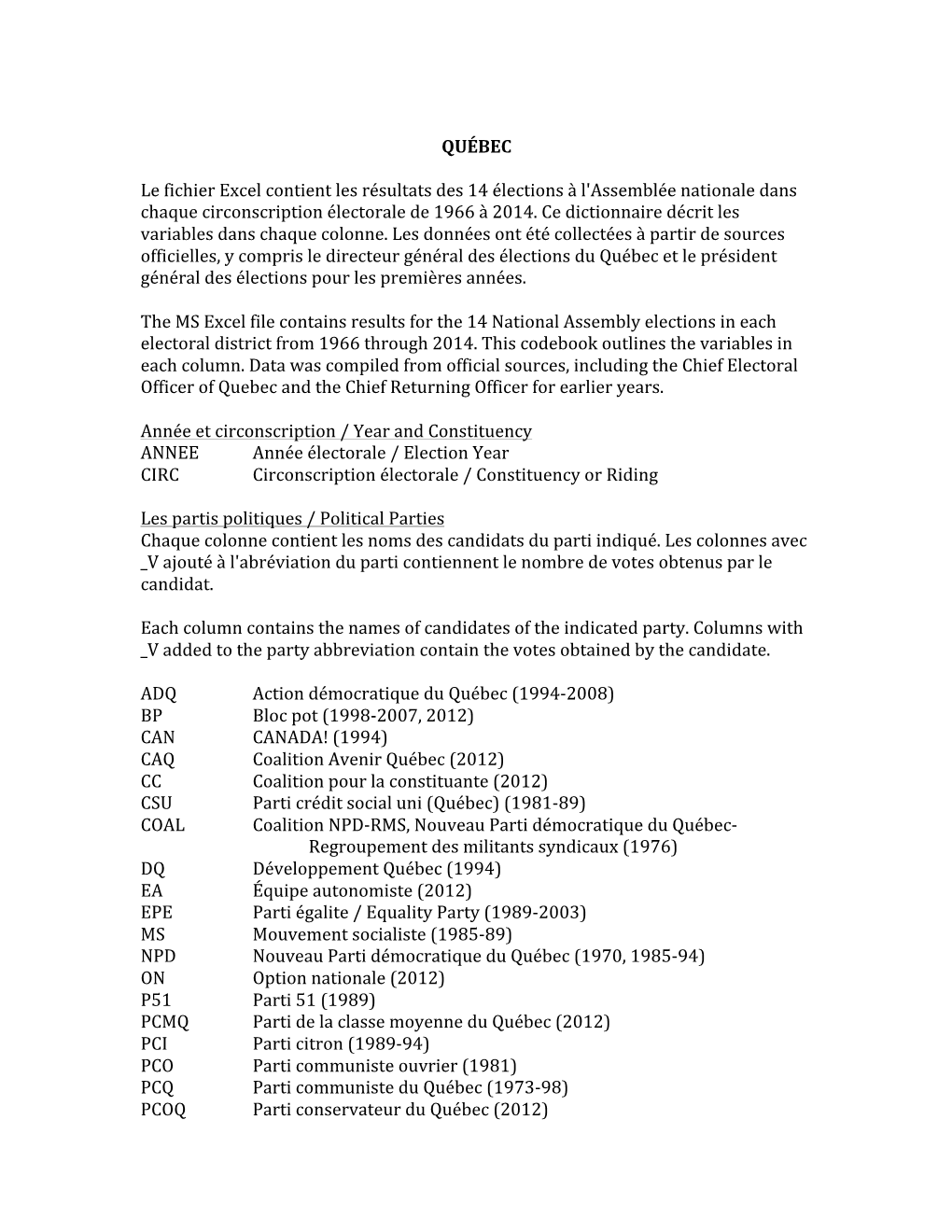 QUÉBEC Le Fichier Excel Contient Les Résultats Des 14 Élections À L