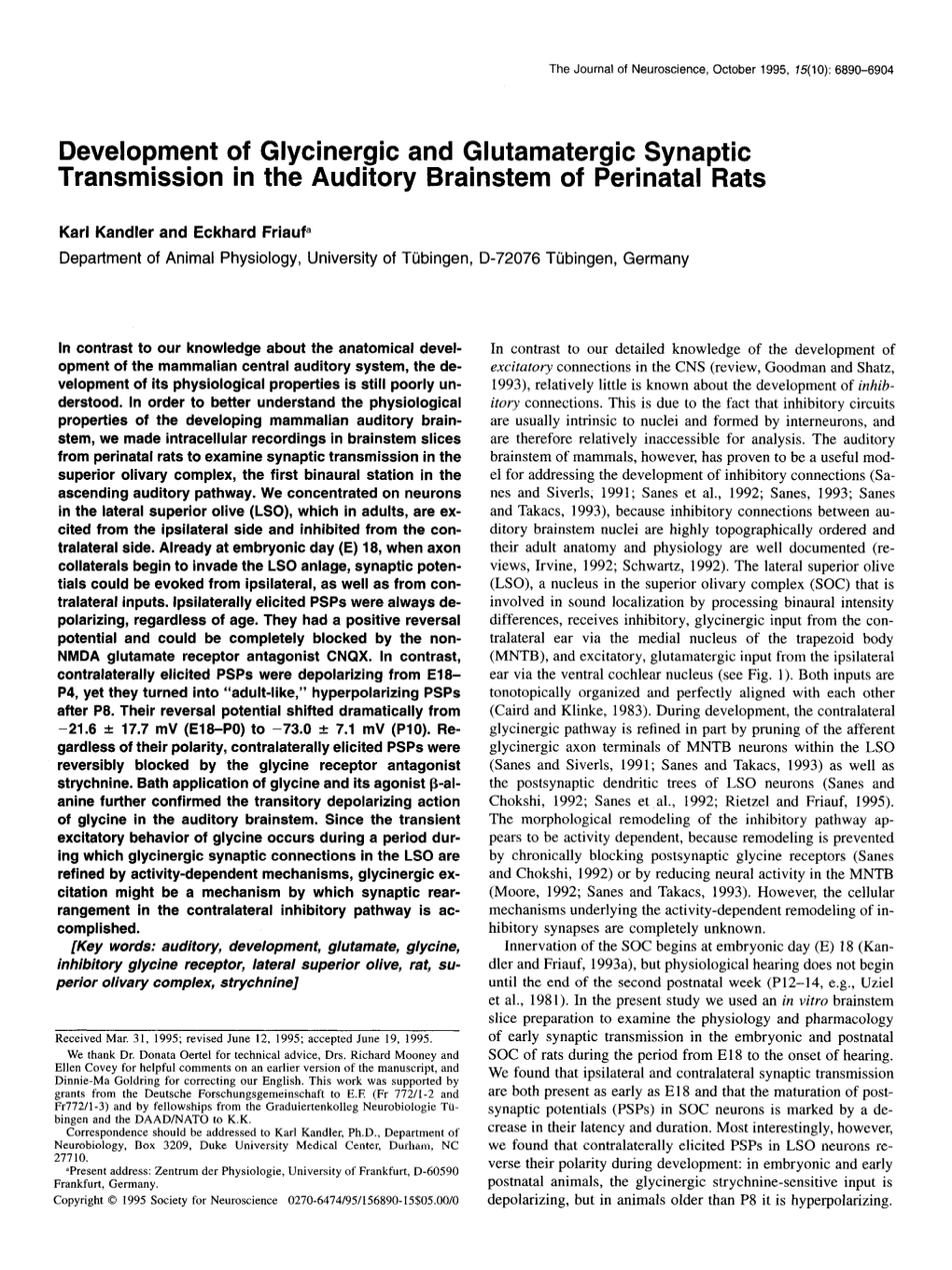 Development of Glycinergic and Glutamatergic Synaptic Transmission in the Auditory Brainstem of Perinatal Rats