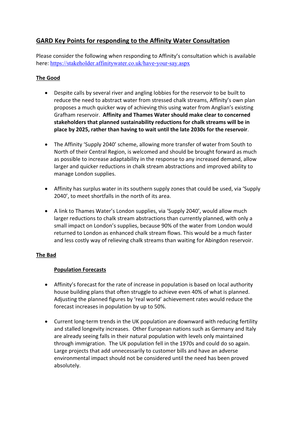 GARD Key Points for Responding to the Affinity Water Consultation