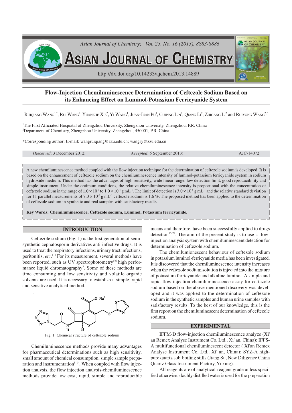 Flow-Injection Chemiluminescence Determination of Ceftezole Sodium Based on Its Enhancing Effect on Luminol-Potassium Ferricyanide System