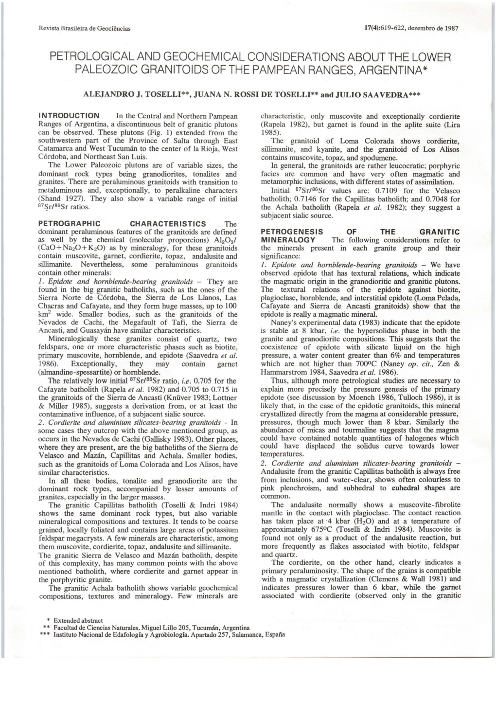 Petrological and Geochemical Considerations About the Lower Paleozoic Granitoids Ofthe Pampean Ranges, Argentina*