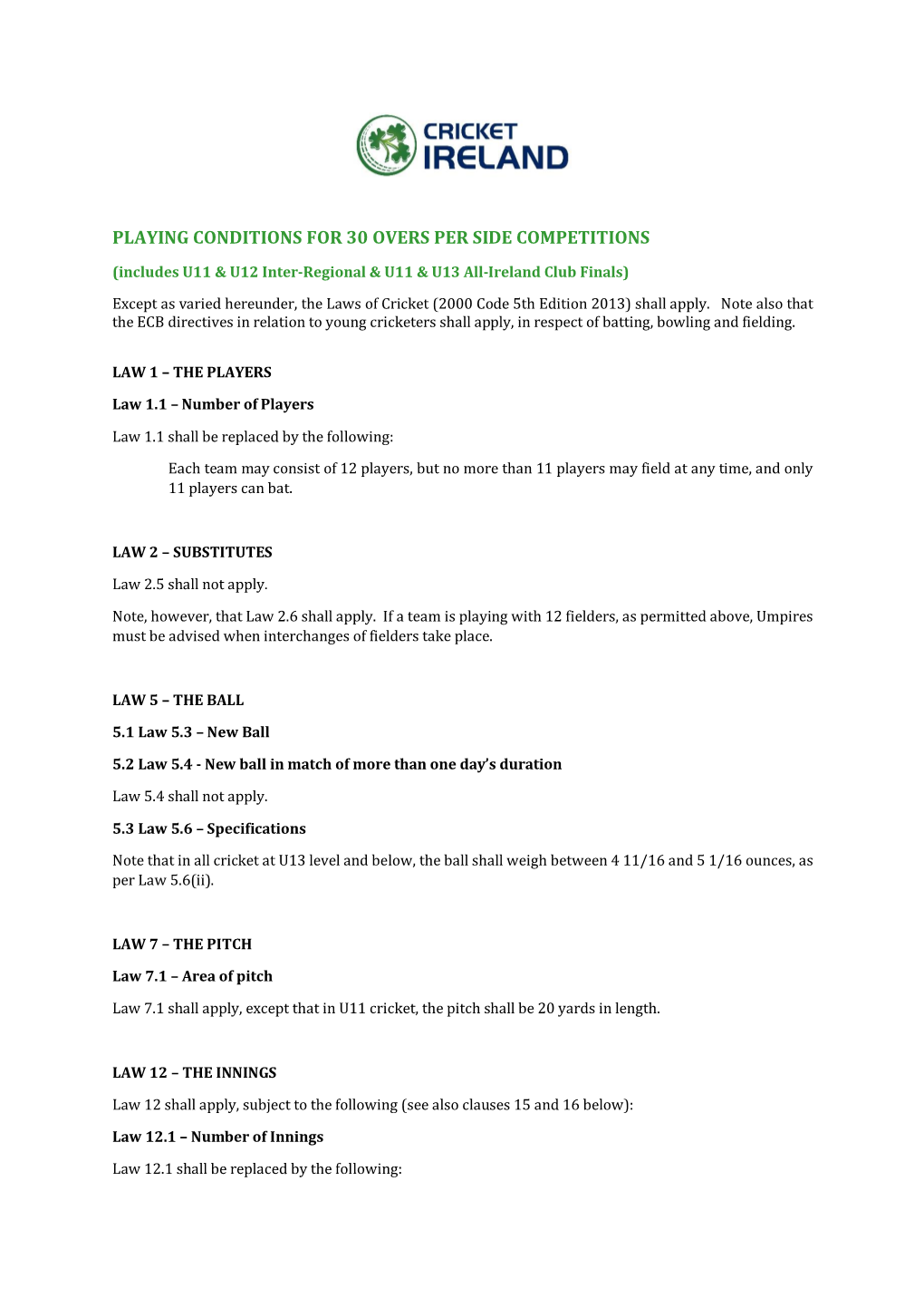 Playing Conditions for 30 Overs Per Side Competitions