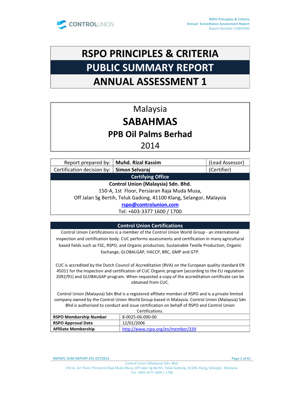 Rspo Principles & Criteria Public Summary Report Annual Assessment 1 Sabahmas