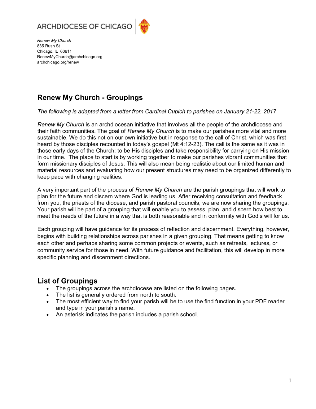 Renew My Church 835 Rush St Chicago, IL 60611 Renewmychurch@Archchicago.Org Archchicago.Org/Renew