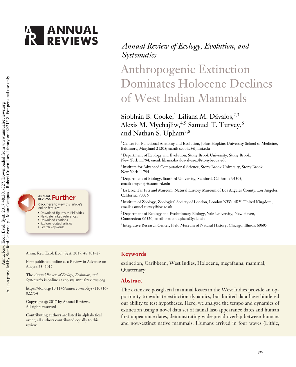 Anthropogenic Extinction Dominates Holocene Declines of West Indian Mammals