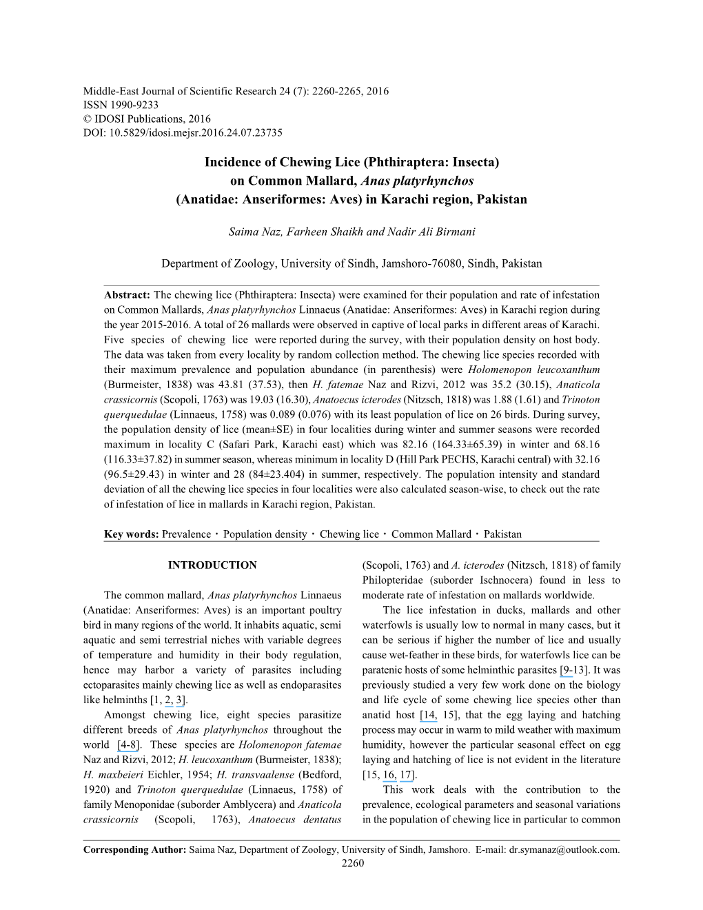 Incidence of Chewing Lice (Phthiraptera: Insecta) on Common Mallard, Anas Platyrhynchos (Anatidae: Anseriformes: Aves) in Karachi Region, Pakistan