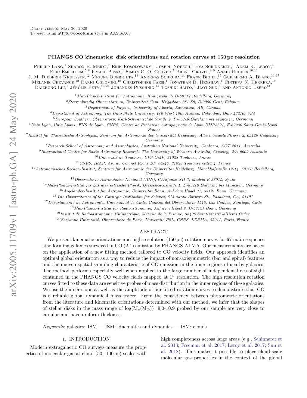 PHANGS CO Kinematics: Disk Orientations and Rotation Curves at 150 Pc Resolution