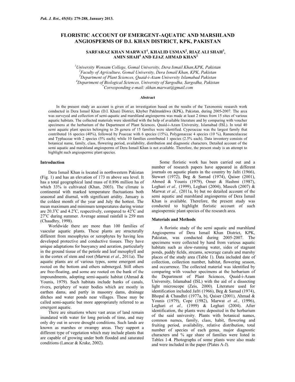 Floristic Account of Emergent-Aquatic and Marshland Angiosperms of D.I