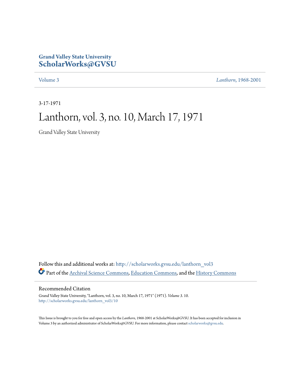 Lanthorn, Vol. 3, No. 10, March 17, 1971 Grand Valley State University