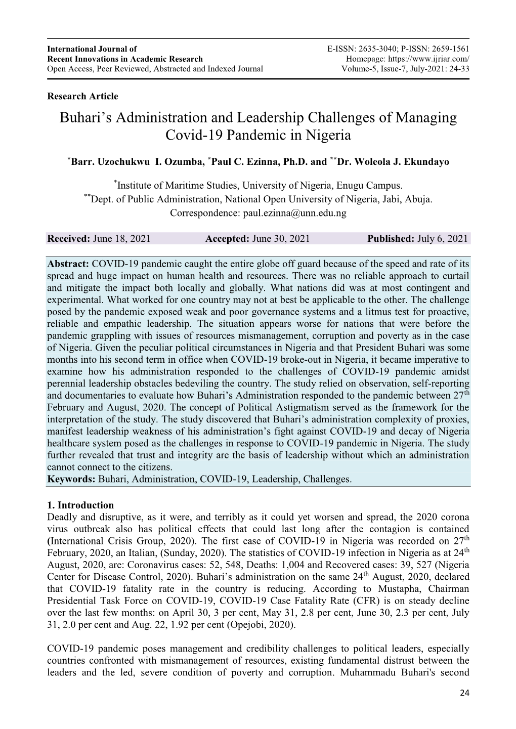 Buhari's Administration and Leadership Challenges of Managing Covid-19 Pandemic in Nigeria