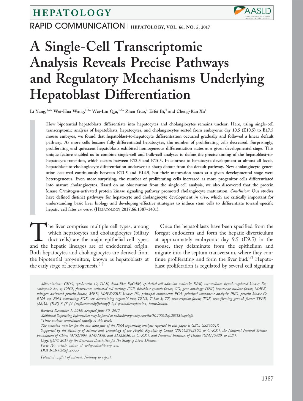 A Single&#8208;Cell Transcriptomic Analysis Reveals Precise Pathways and Regulatory Mechanisms Underlying Hepatoblast Differ